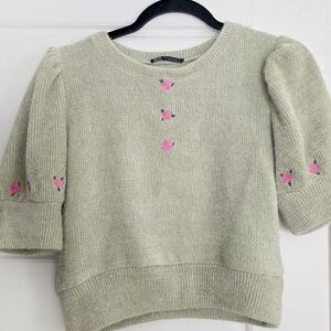 Zara Puff Sleeve Embroidered Crop Sweater Dusty Green